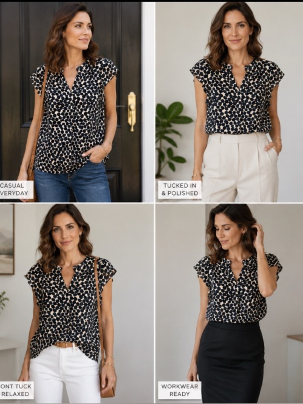 Calvin Klein Polka Dot Blouse Size L Navy White Flutter Sleeve VNeck Career Chic